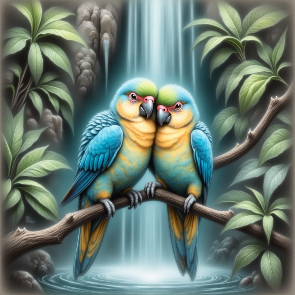 Blue Macaws Cuddle near Waterfall in Whimsical Style