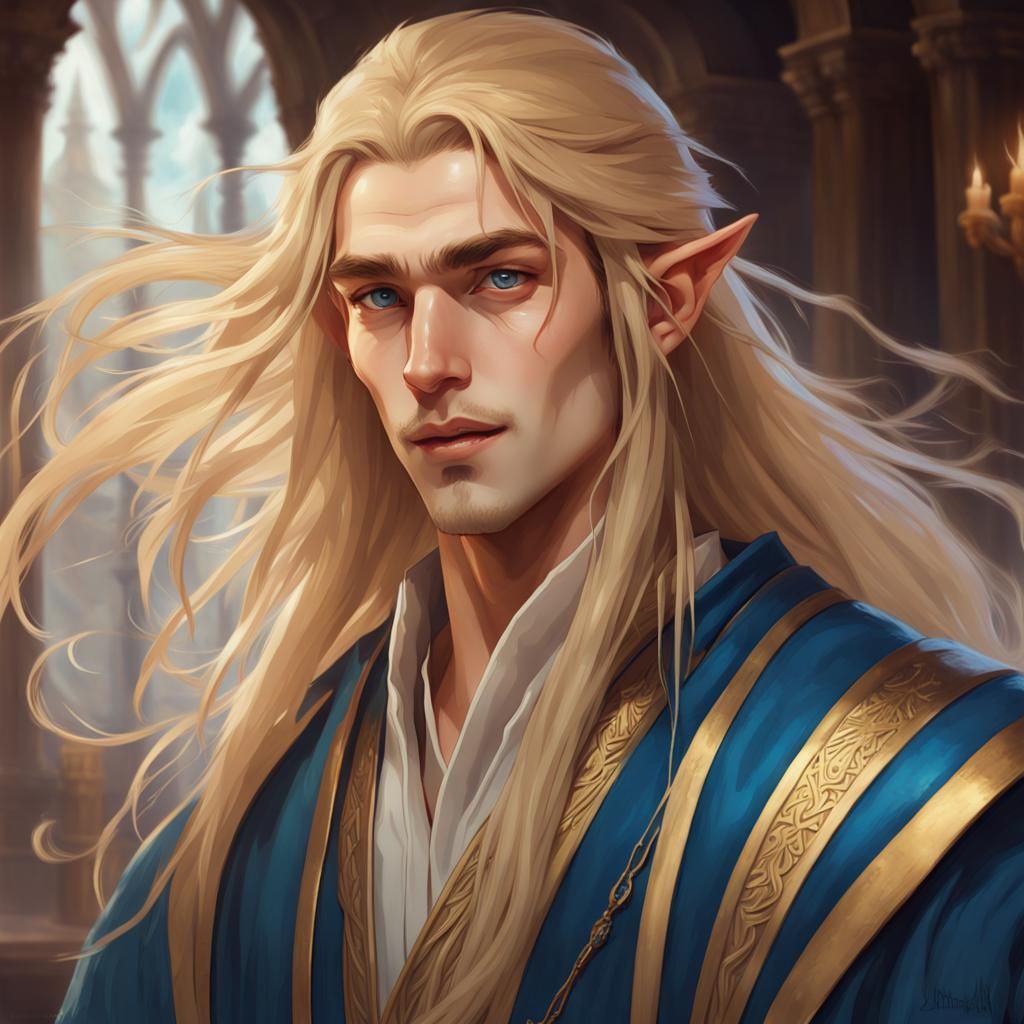 Half-Elf Mage Portrait in Fantasy Library