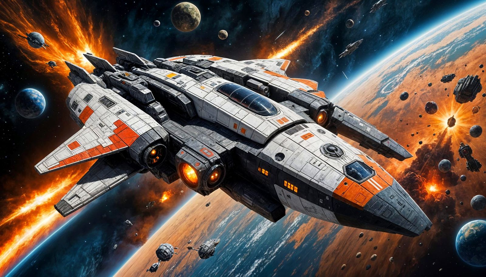 Sci-Fi Spaceship Flying to Blue Planet