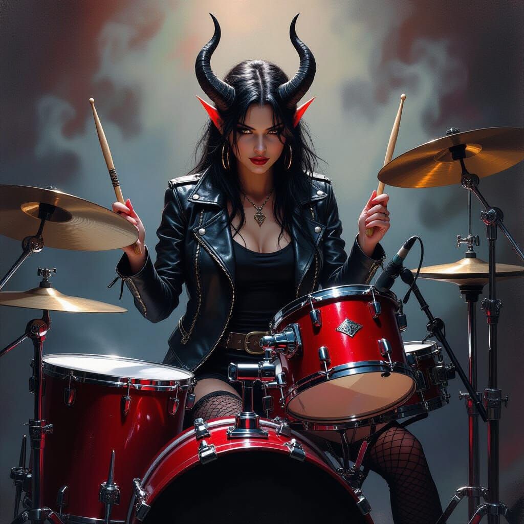 Tiefling Drummer in Fantasy Oil Painting Style