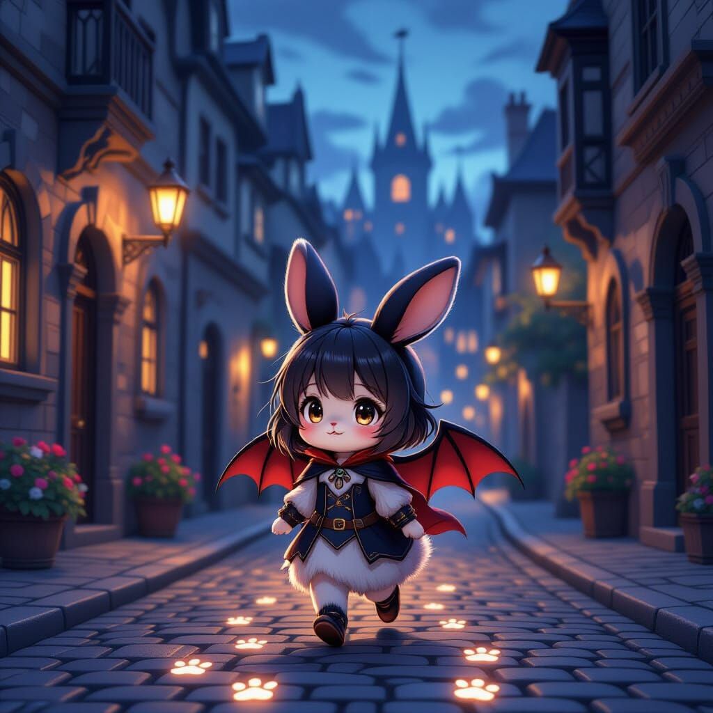 Gothic Cityscape with Bat-Winged Rabbit Girl