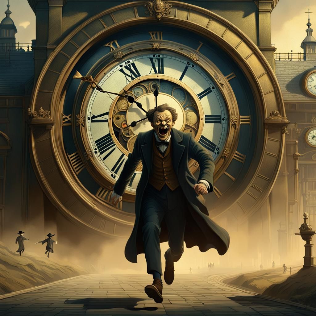 Man Runs from Clock in Beksiński Style