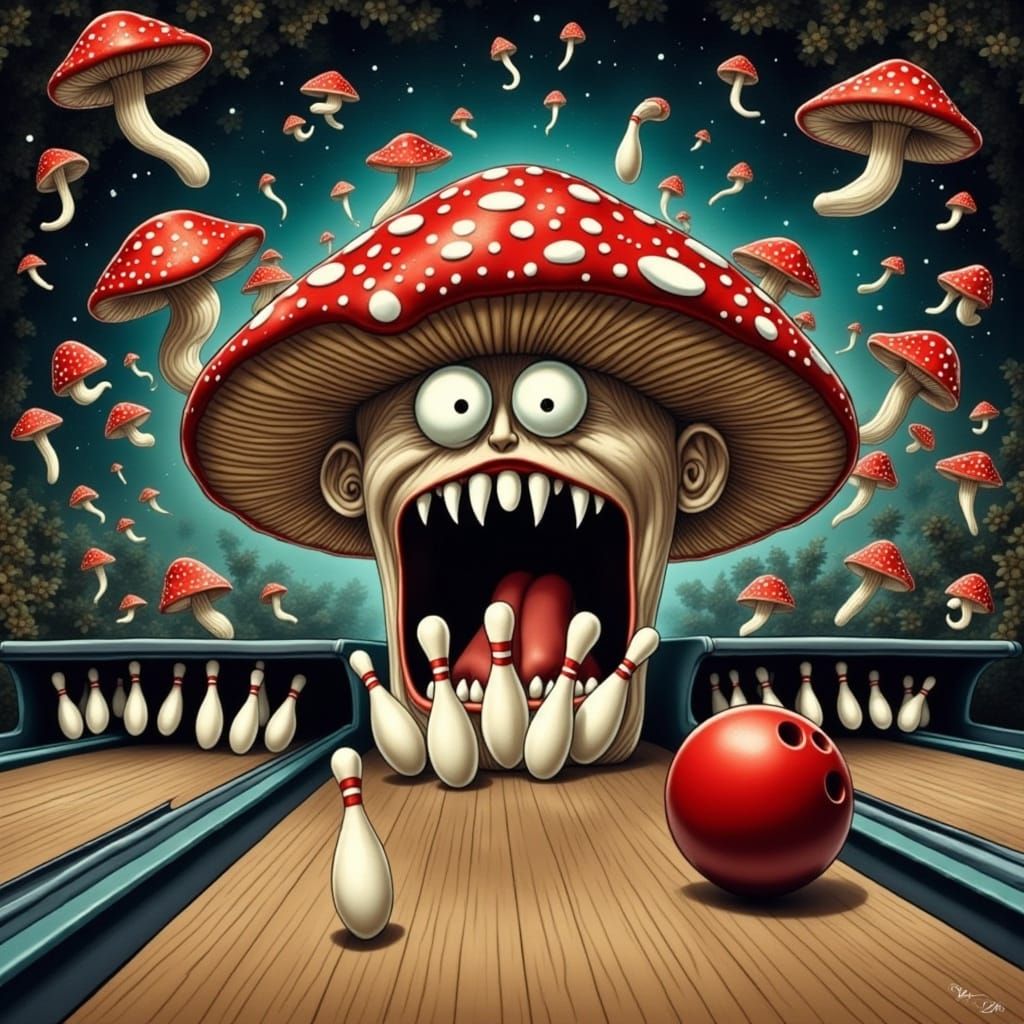 Surrealistic Mushroom Scene in a Neon-Lit Bowling Alley