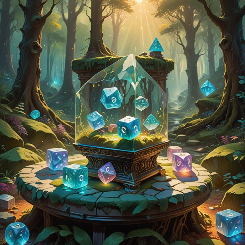 Fantasy Dice on Velvet Pedestal in Mystical Forest