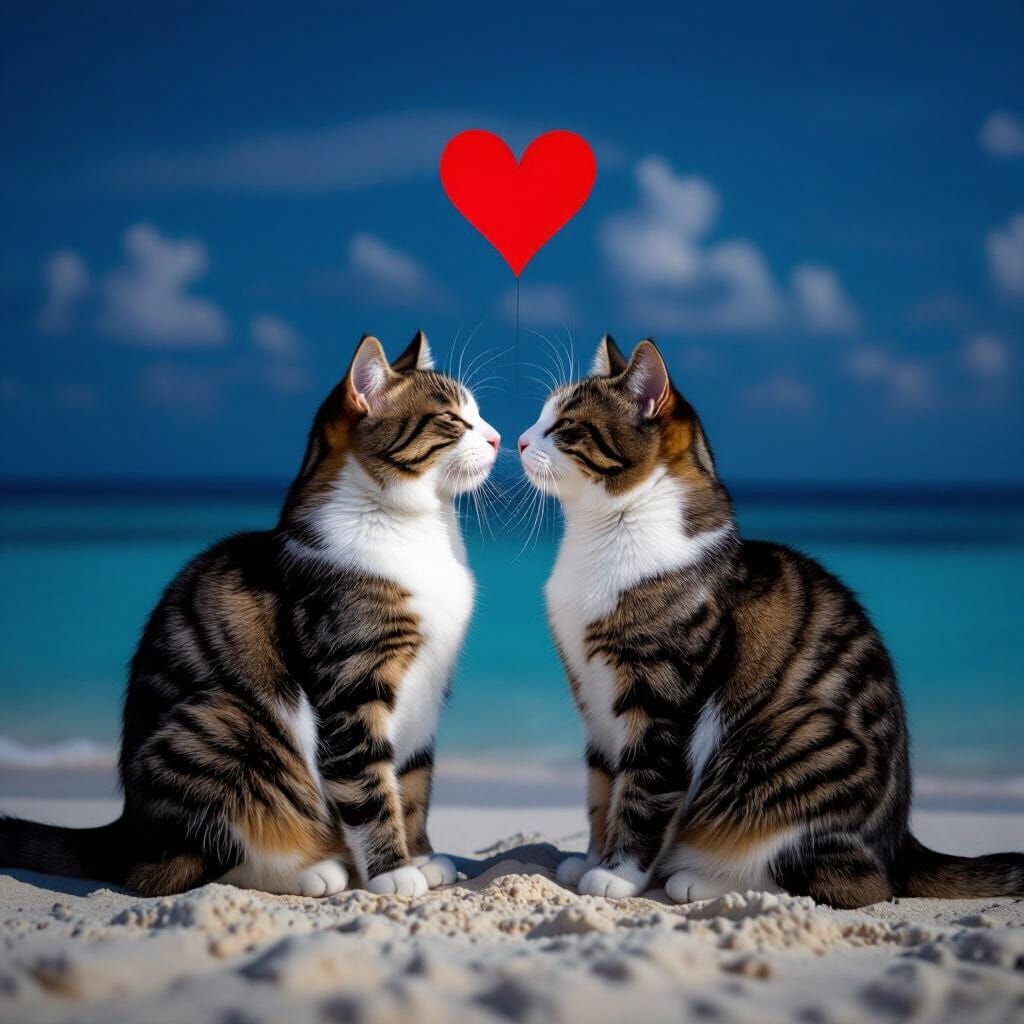 Romantic Cats Embrace on Maldives Beach with Red Heart