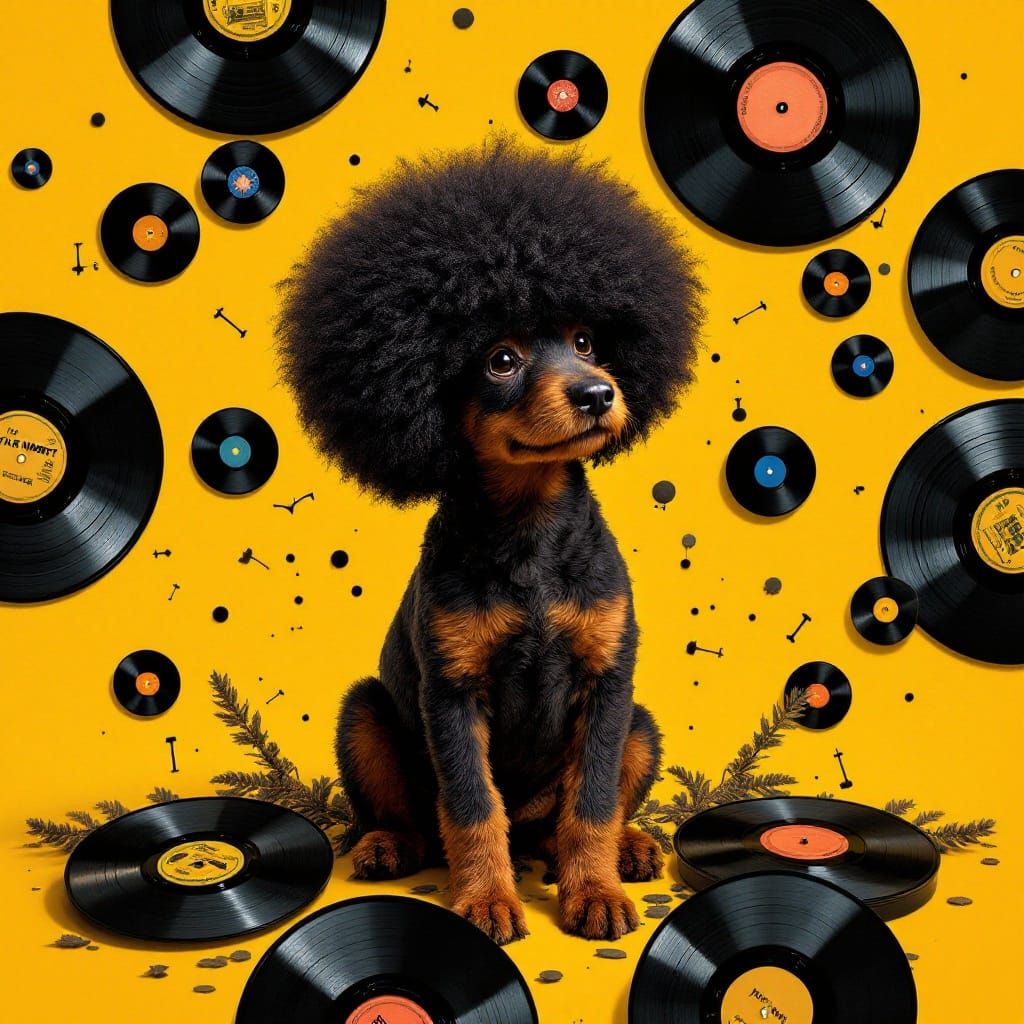 Dog with Afro in Vinyl Record Room: Pop Art Style