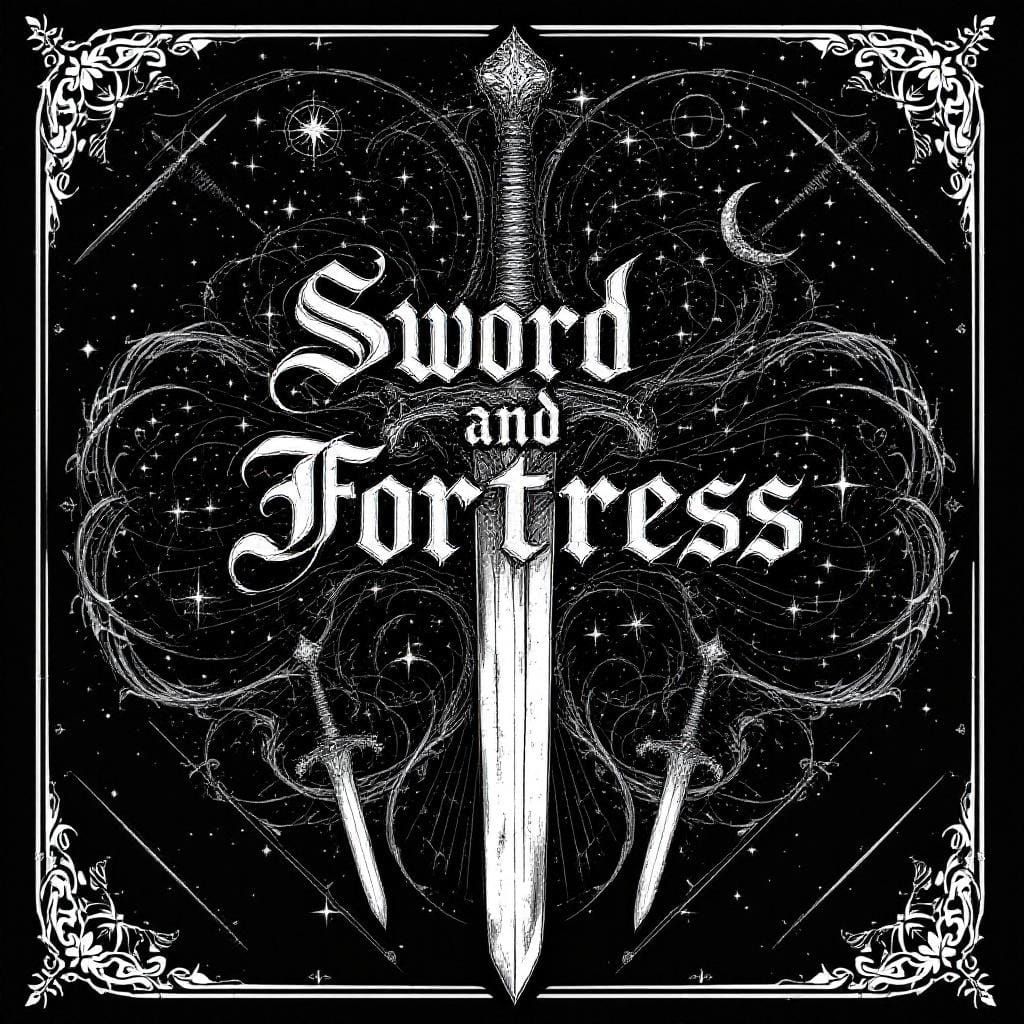 Ornate Black and White Label with Swords and Fortress