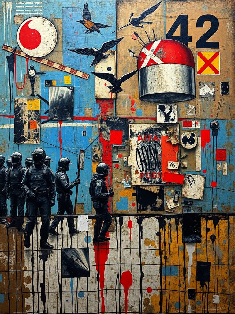 Surrealistic Riot Scene in Maximalist Acrylic