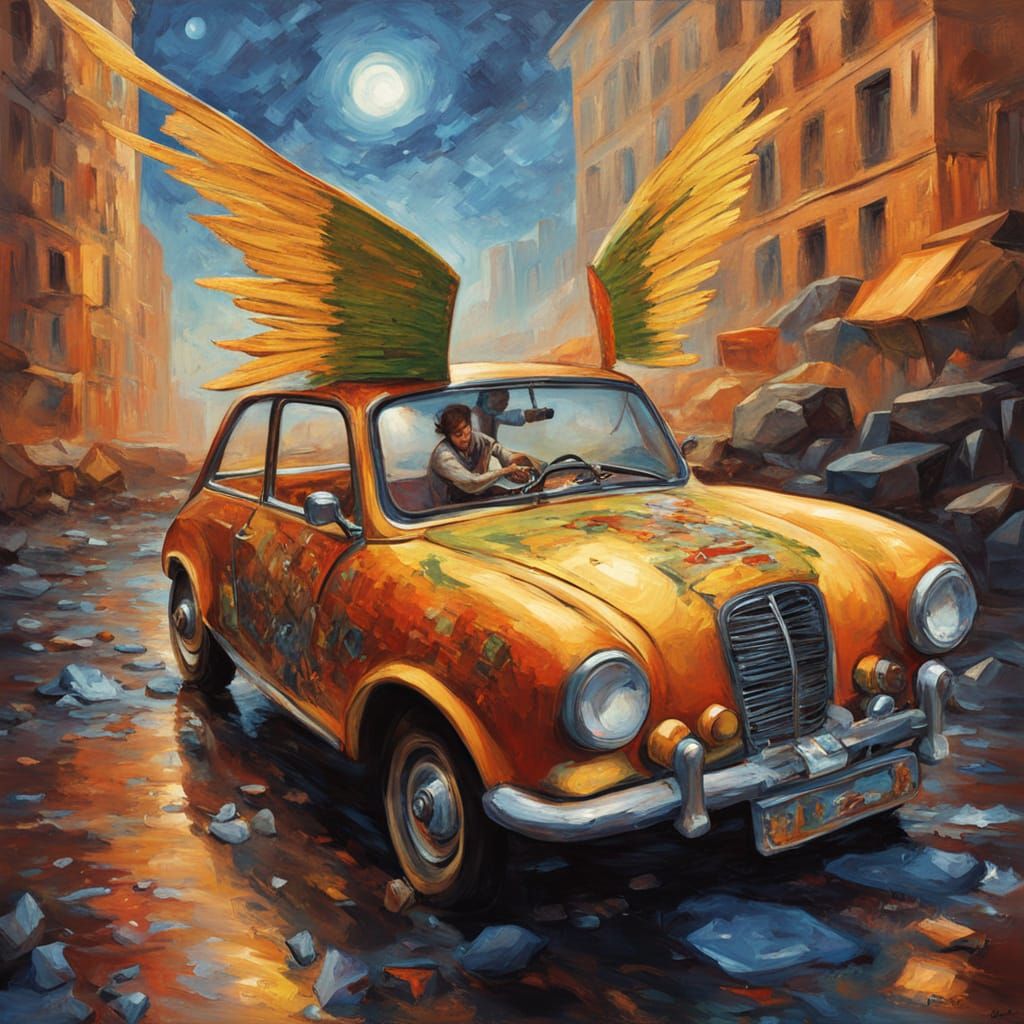 Whimsical Fish with Wings Drives Electric Car in Golden Hour