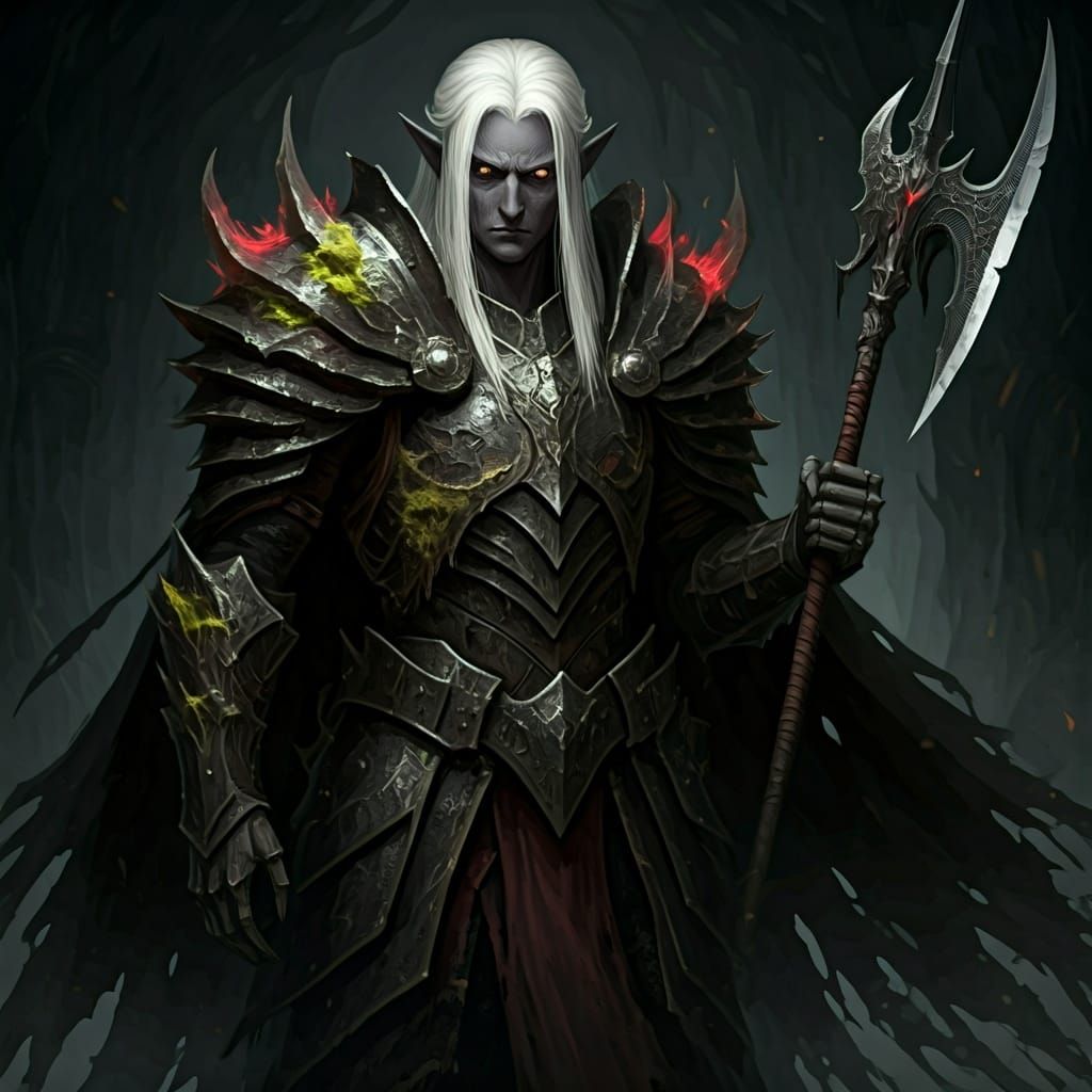 Undead Drow Warrior with Obsidian Armor in Dark Fantasy Styl...