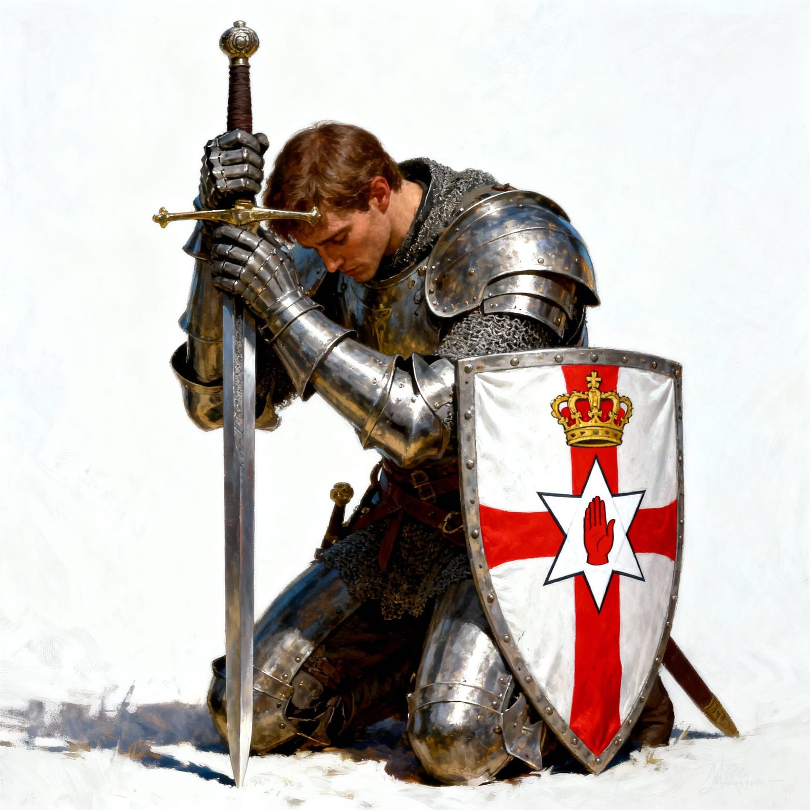 Devout Knight Kneels in Prayer with Ulster Flag Shield