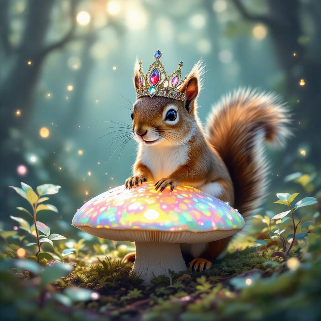 Crowned Squirrel on Bioluminescent Mushroom in Magical Fores...