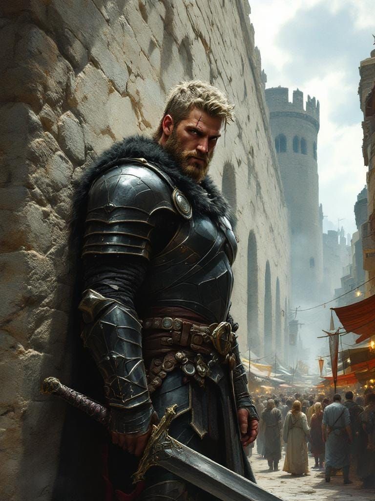 Armored Warrior in Bustling Market, Dramatic Lighting