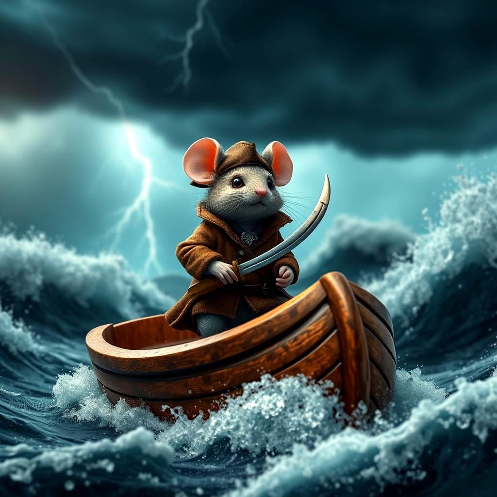 Pirate Mouse Sailing Stormy Ocean in Walnut Shell