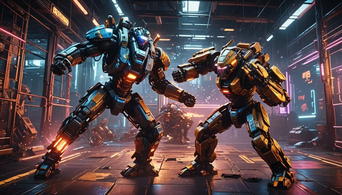 Cyberpunk Mechs Clash in Neon-Lit Arena