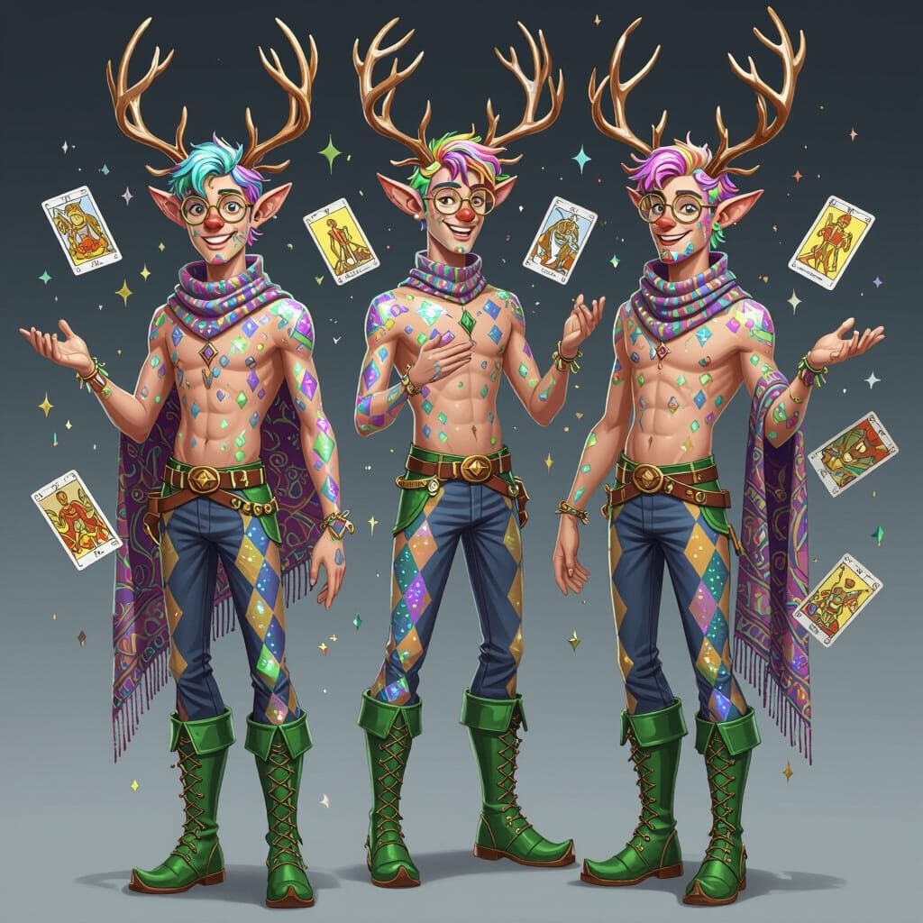 Fantasy Harlequin Man with Iridescent Skin and Antlers