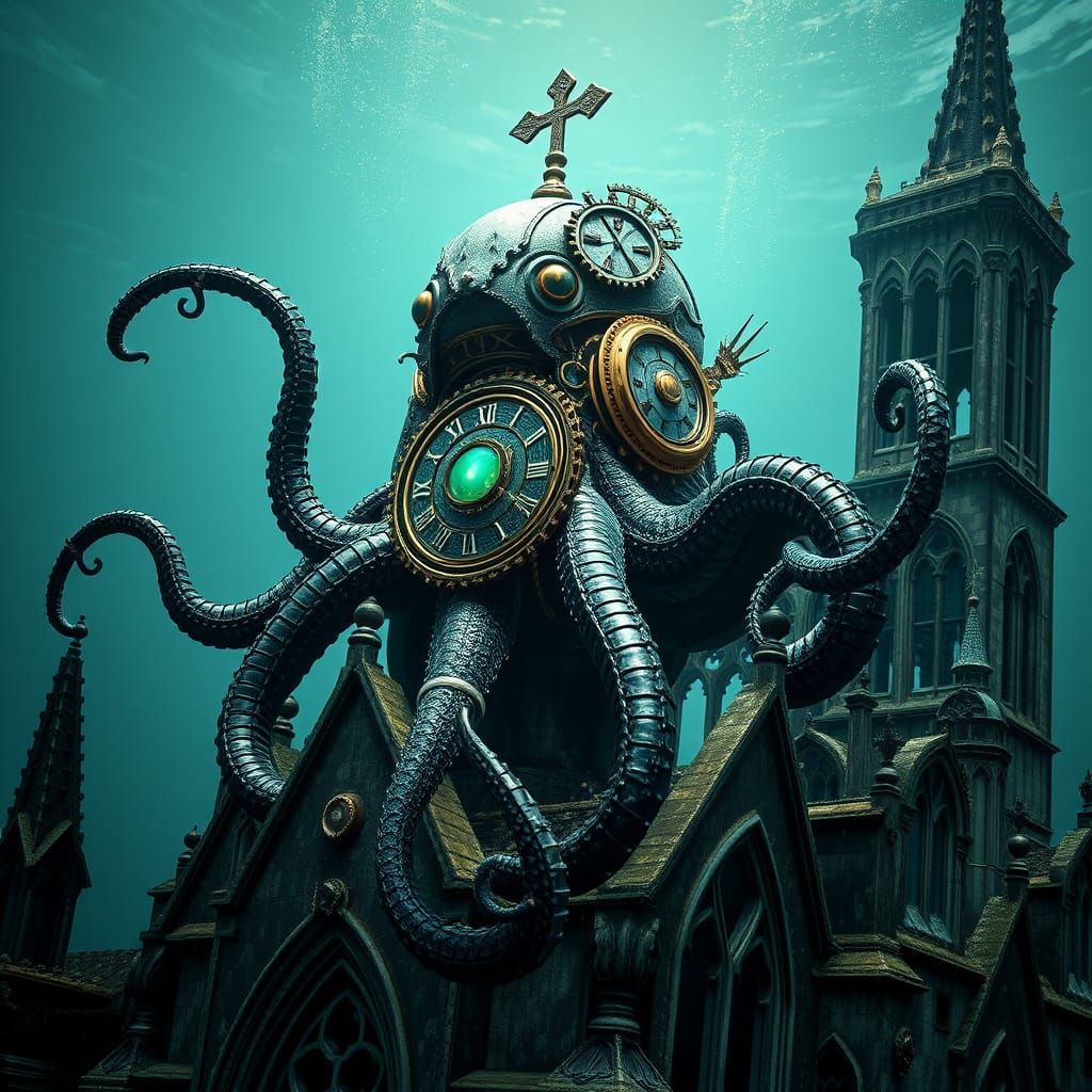 Gothic Clockwork Kraken Perched on Cathedral