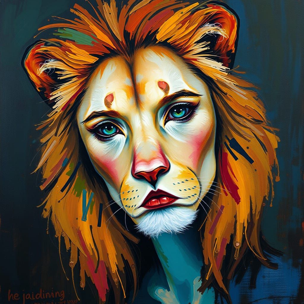 Ethereal Leonin Maiden in Neo-Impressionist Brushstrokes