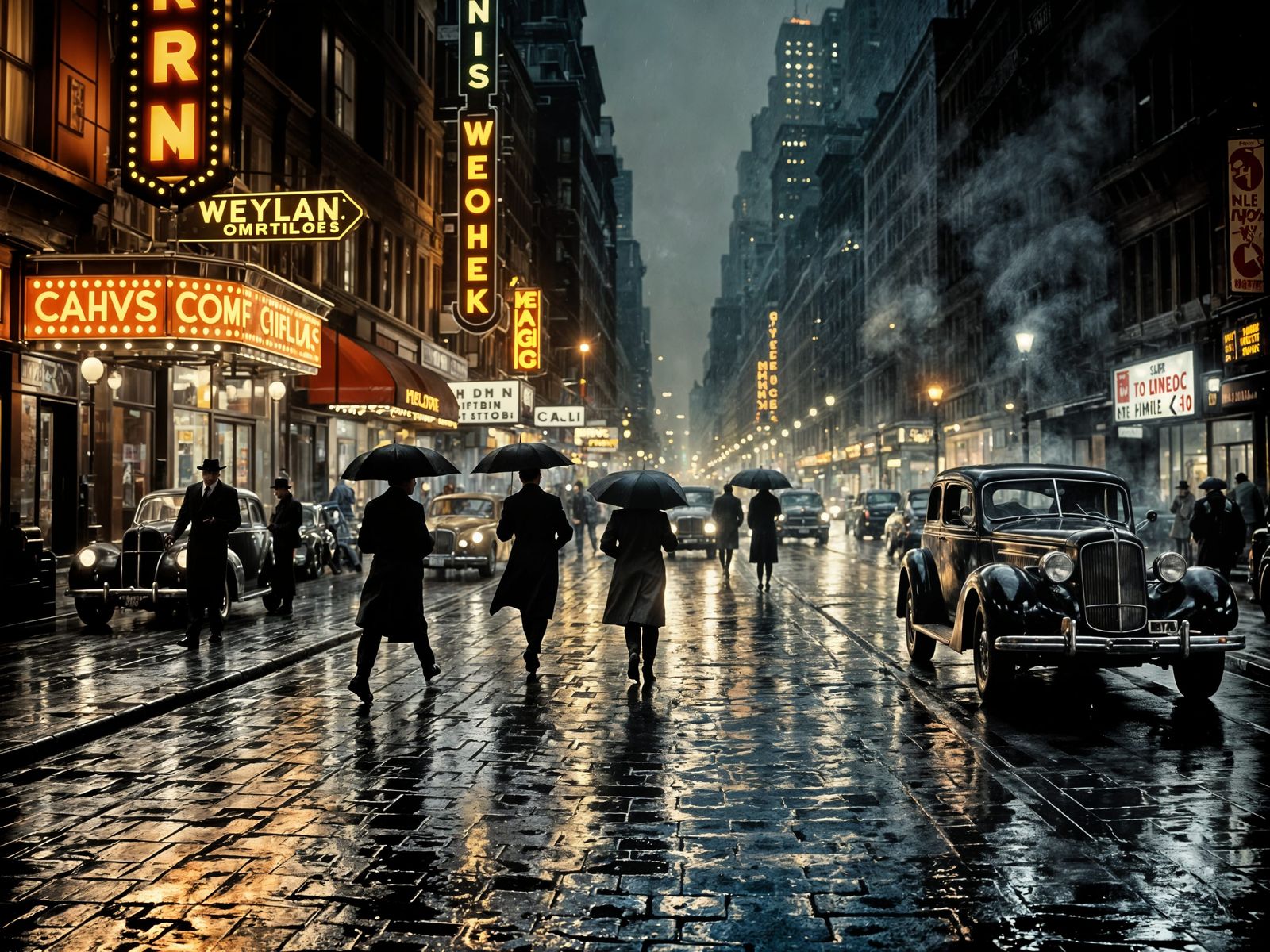 1940s New York Rainy Night in Noir Style