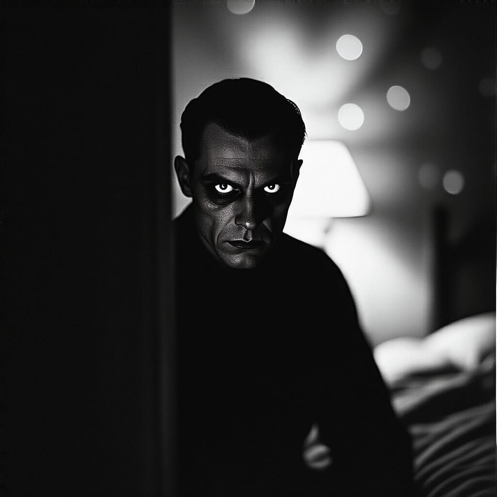 Mysterious Figure in Dark Corner, Black and White Photograph...