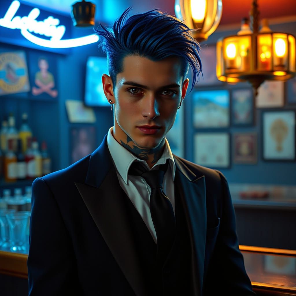 Gothic Punk Man in Cool Bar: Cinematic Film Still