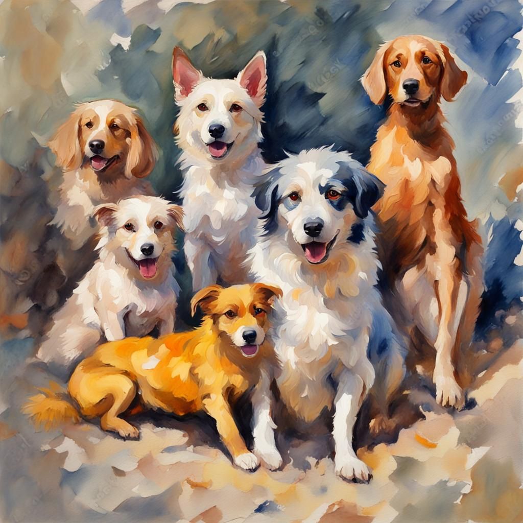 Dogs in Gouache Style, Impressionist Masterpiece