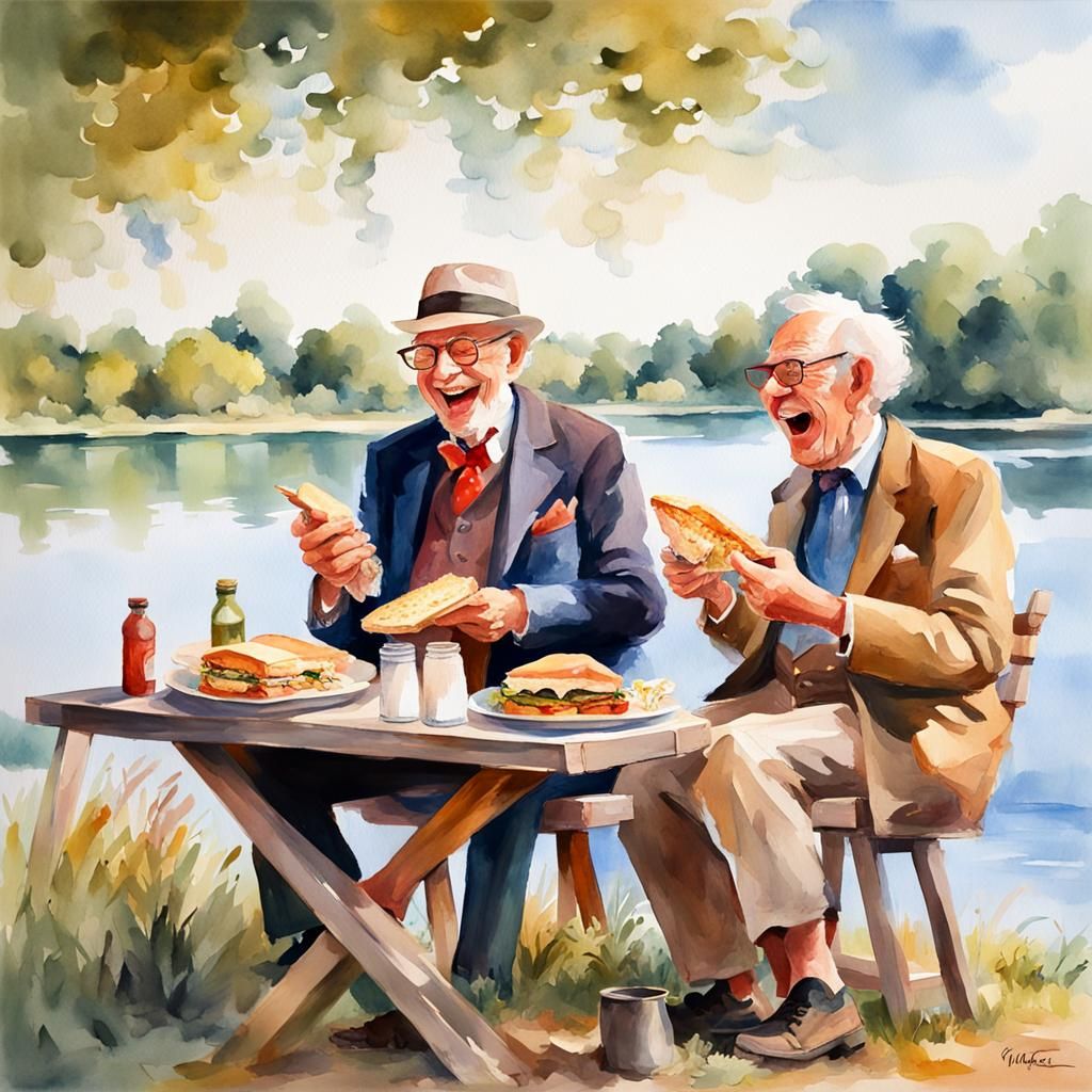 Gentlemen Enjoy Lakeside Picnic: Watercolor Gouache Painting