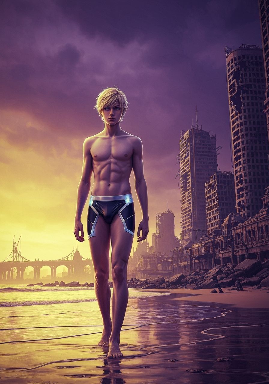 Post-Apocalyptic Beach Scene with Blond Boy, Dark Fantasy St...