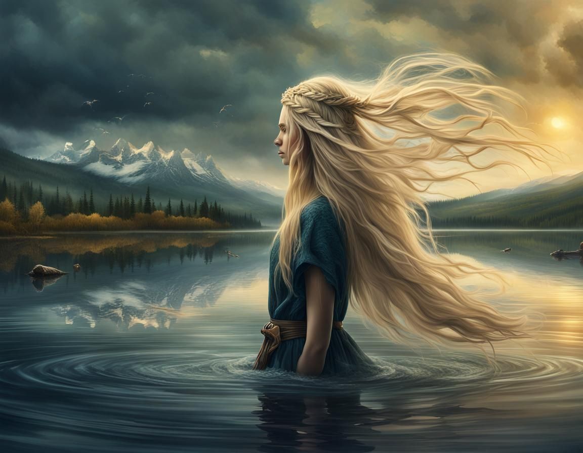 Blonde Woman Washing Hair in Lake: Digital Matte Painting