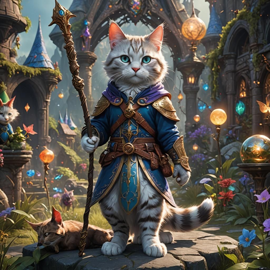 Cosmic Cat and Elves on a Quest: Fantasy Art