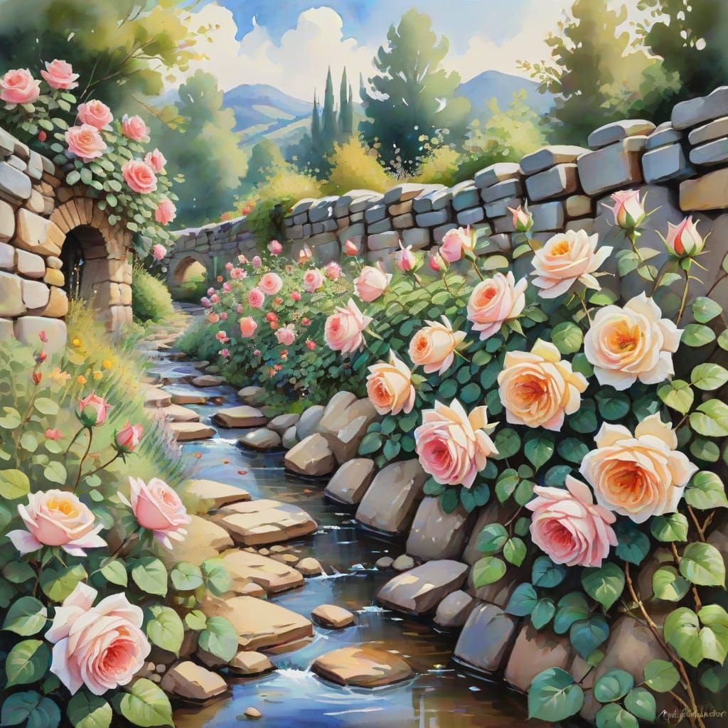 Ethereal Roses Adorn a Gouache Garden Scene