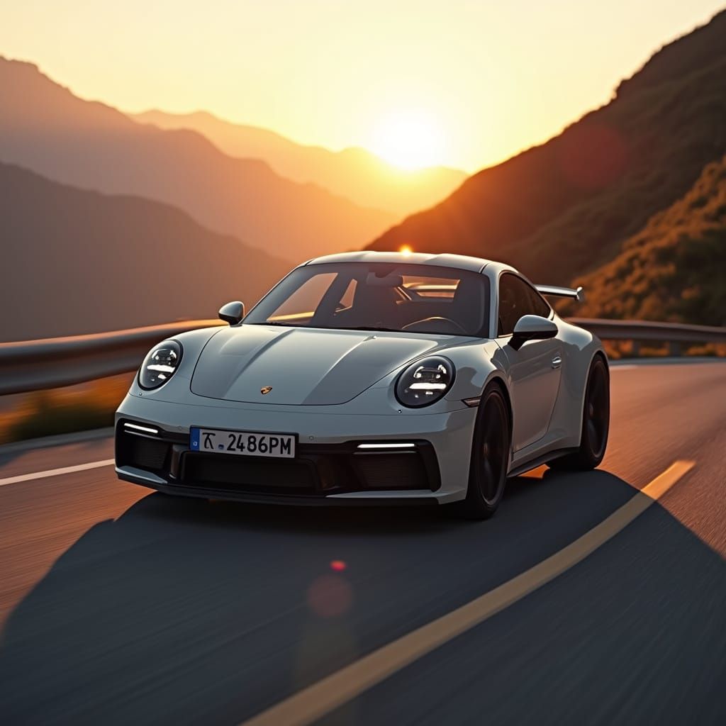 Porsche 911 Drifting on Mountain Road at Sunset
