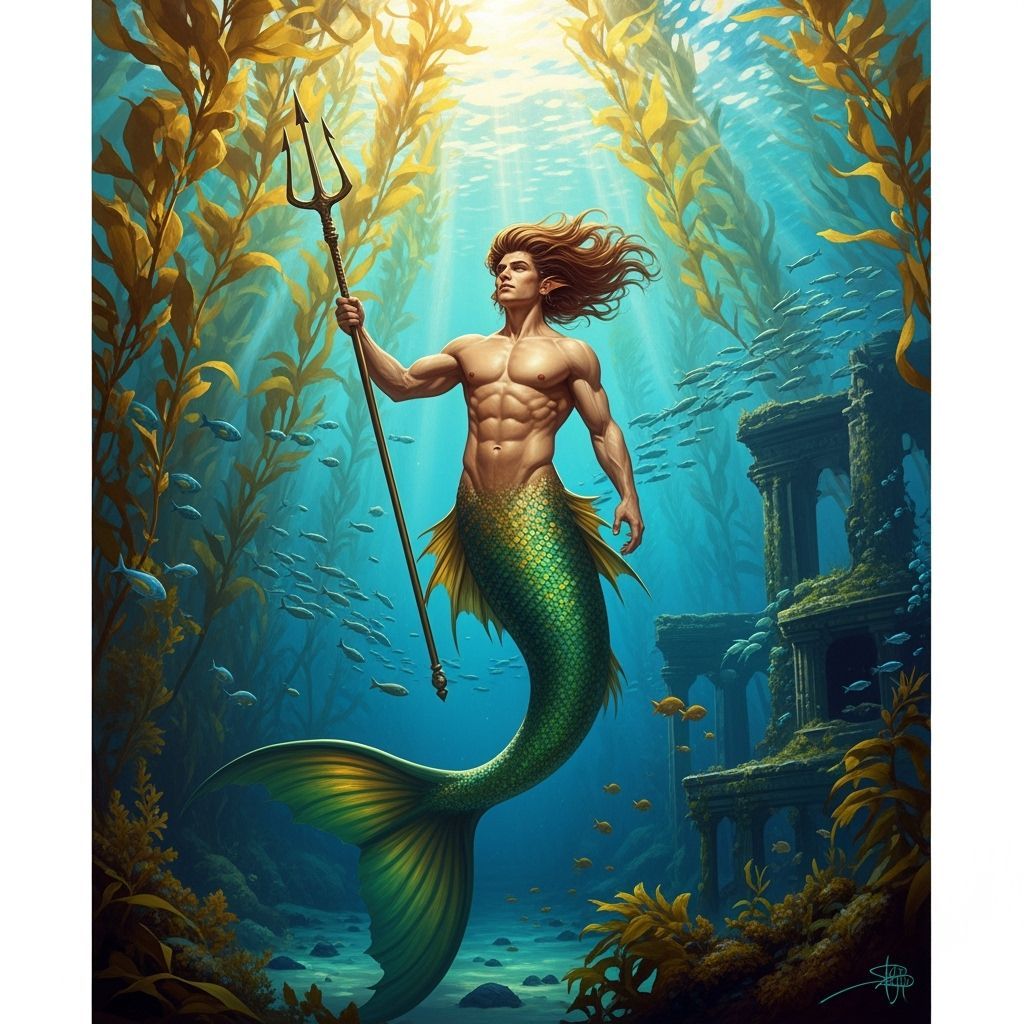 Merman Rising from Kelp Forest, Hyperrealistic Maritime Art