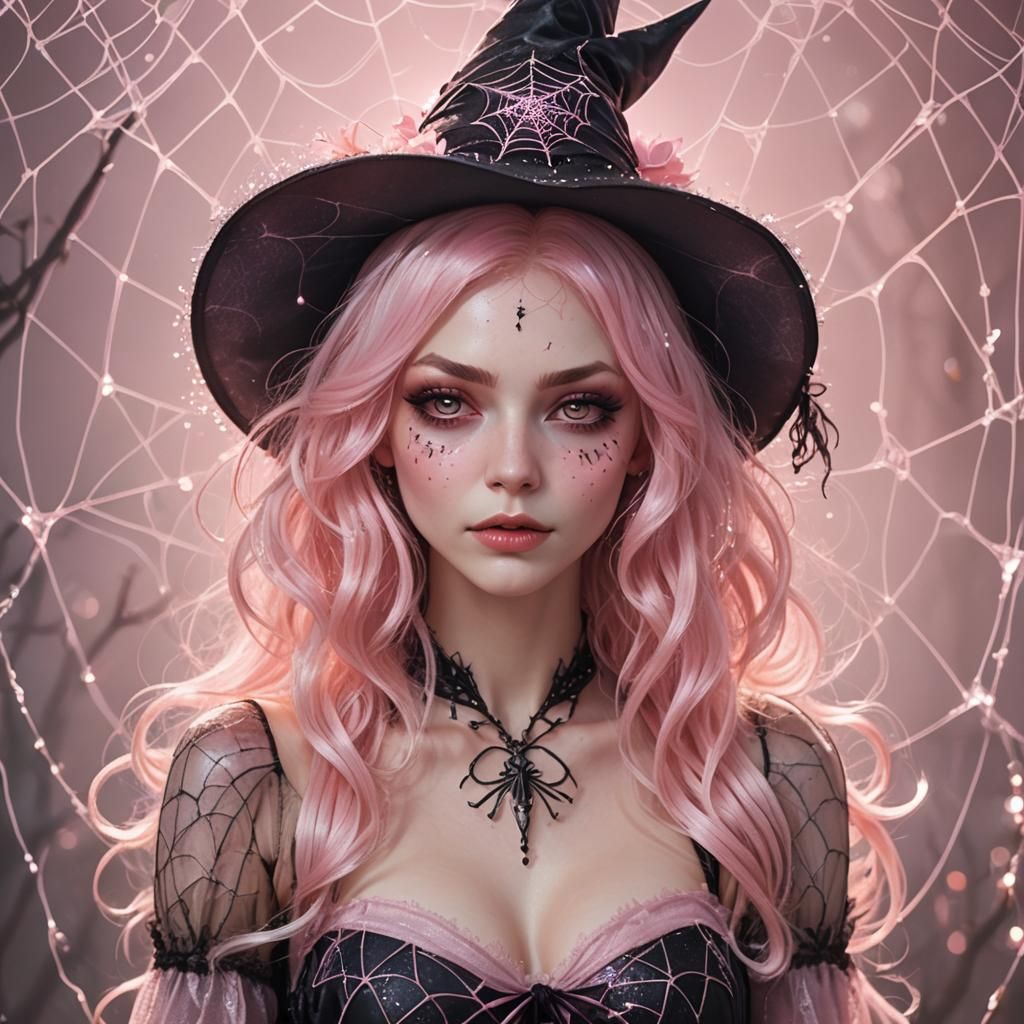 Ethereal Pink Witch Portrait in Dreamy Style