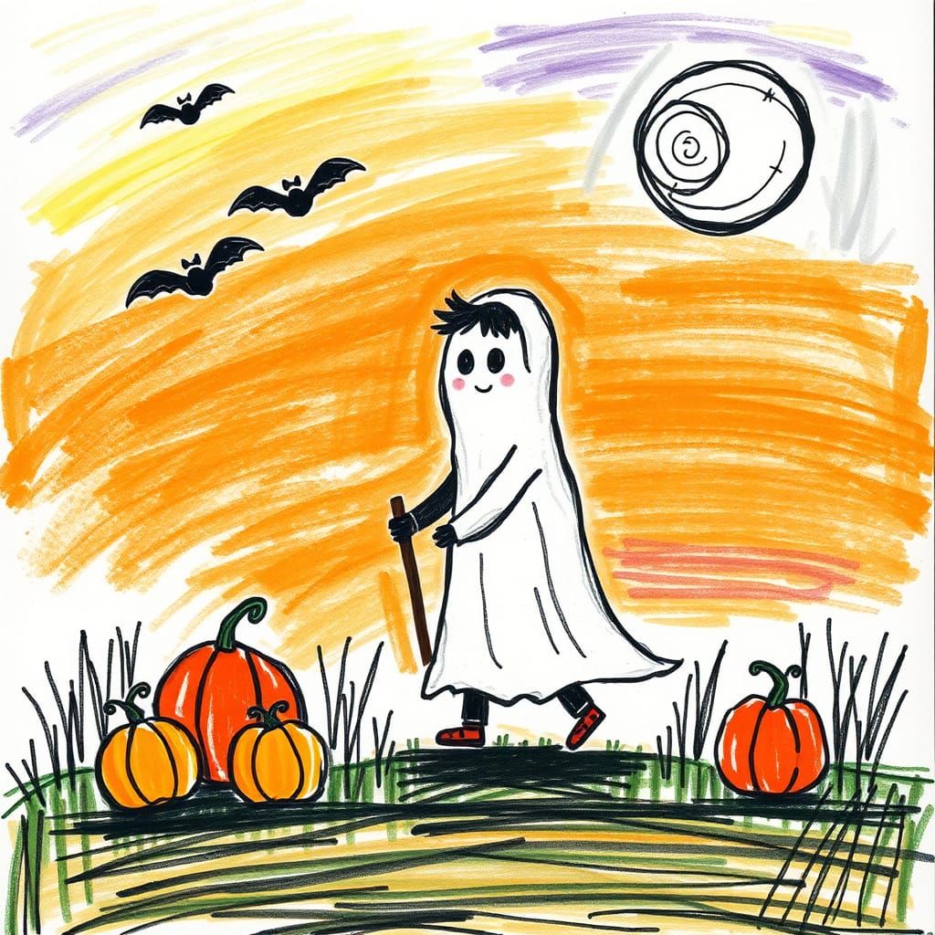 Childlike Crayon Drawing of Ghost Trick-or-Treater