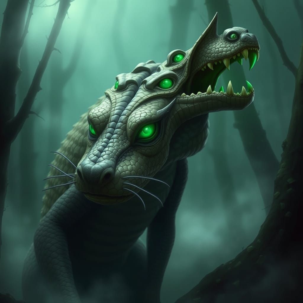 Dark Fantasy Cat-Alligator Hybrid in Mystical Forest