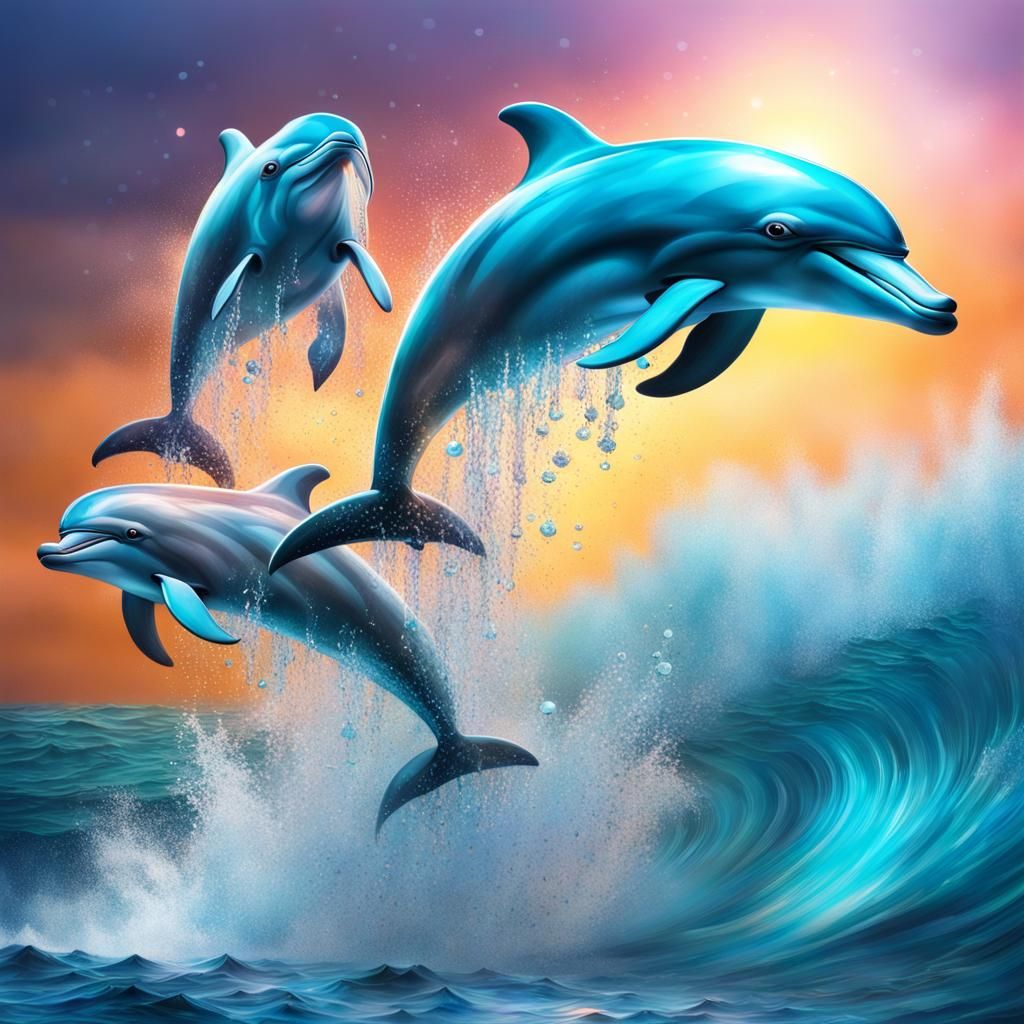 Sci-Fi Dolphins Jumping Among Ocean Crystals