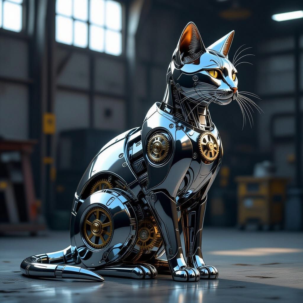 Elegant Chrome Cat Sculpture with Visible Clockwork
