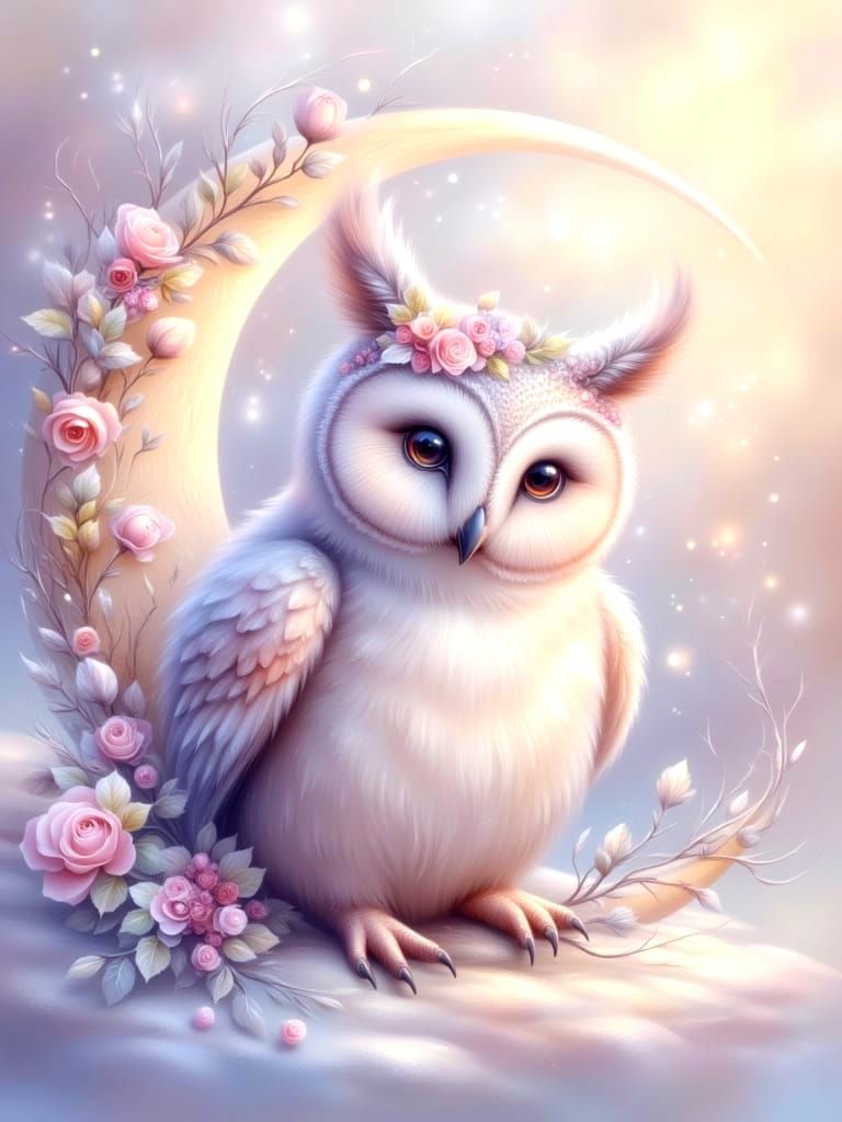 Pastel Owl Perched in Crescent Moon with Fantasy Glow