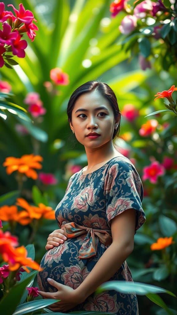 Elegant Pregnant Woman in Traditional Javanese Batik