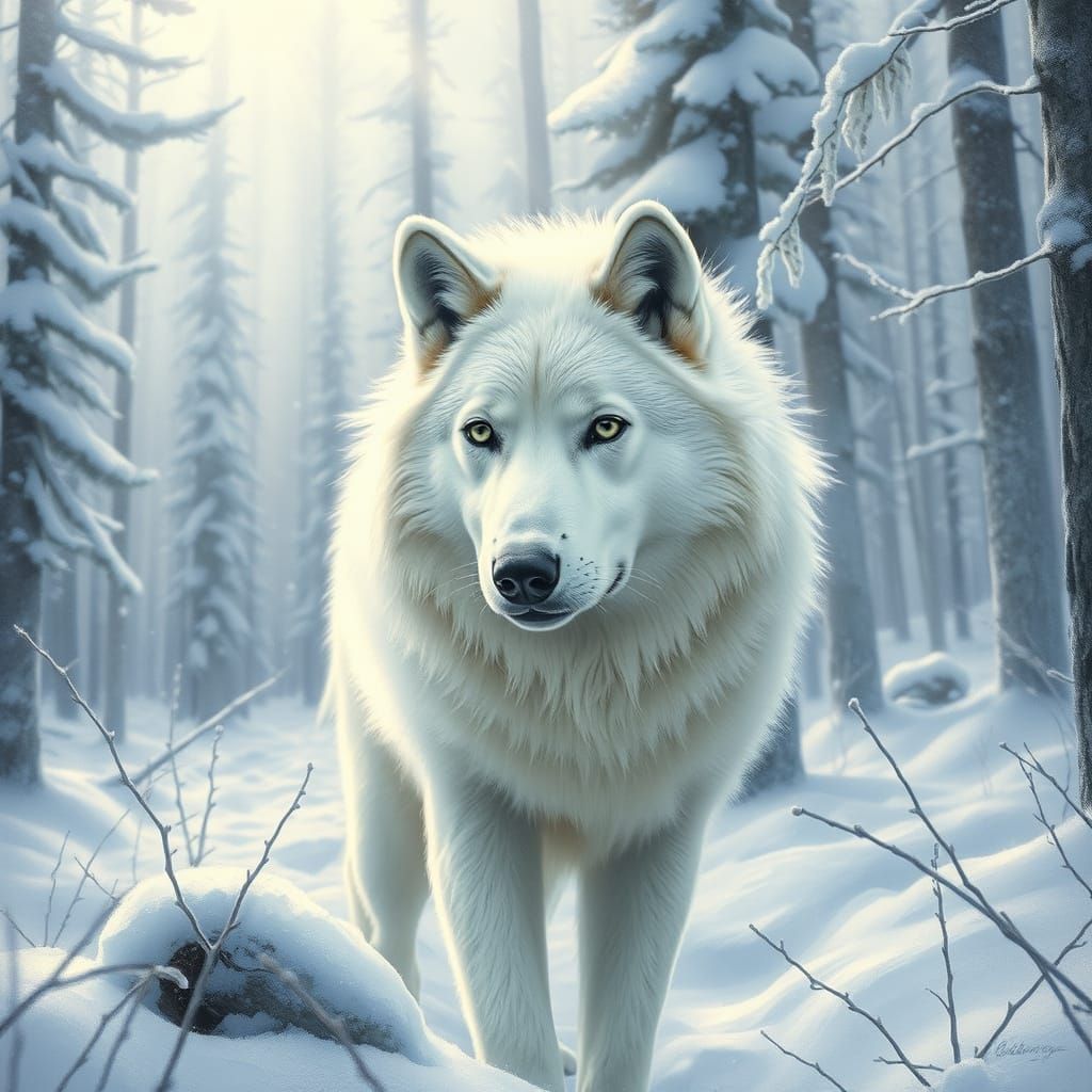 Majestic White Wolf in Snowy Forest Landscape