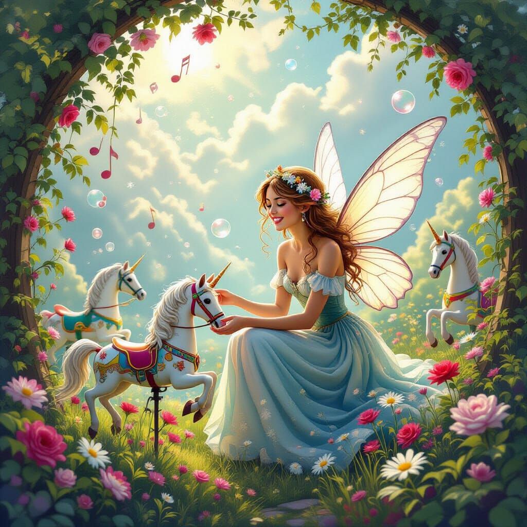 A joyful fairy tending a hidden garden within the dreamscape.