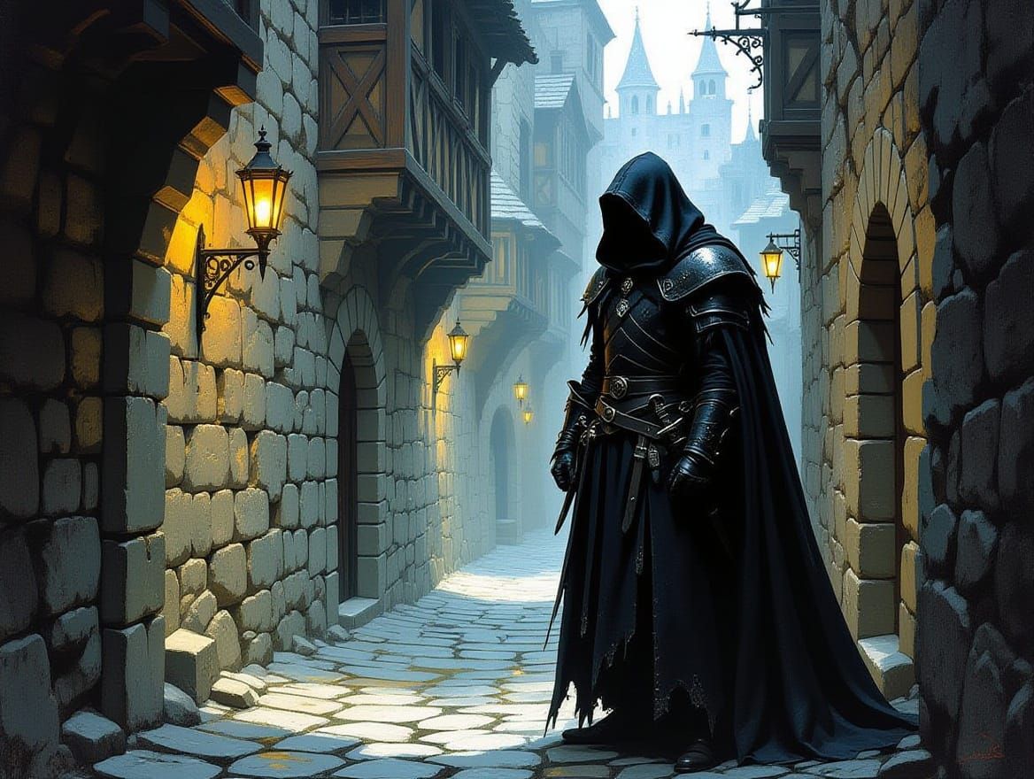 Dark Medieval Assassin in Shadows