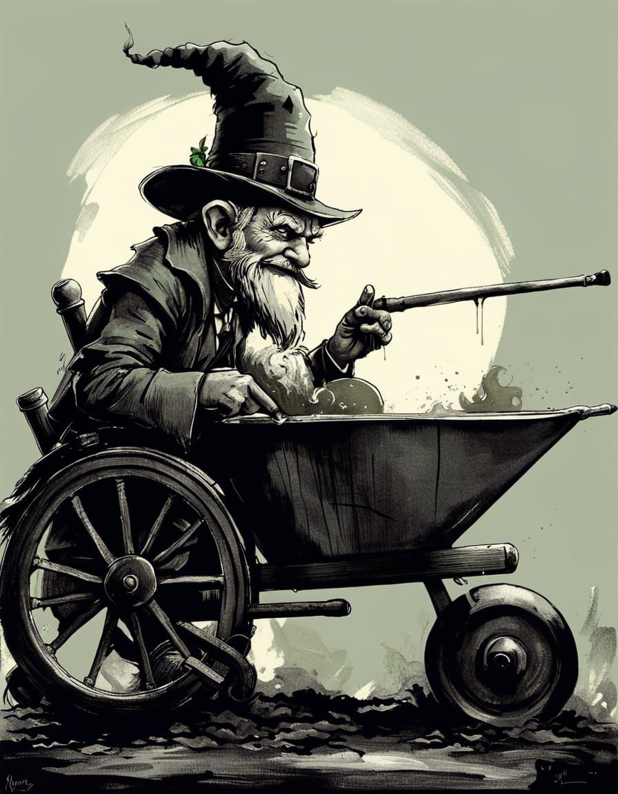 Sinister Leprechaun Gnome with Clay Pipe in Grayscale