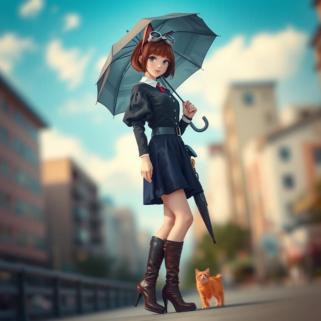 Steampunk Asian Woman with Cat Ears in City