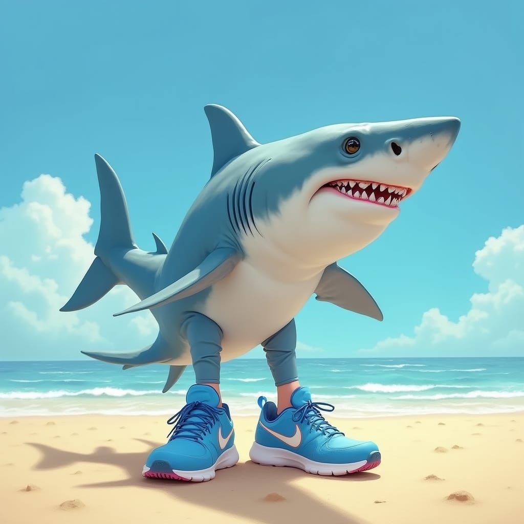 Shark Strolls on Sunny Beach in Vibrant Photorealistic Style