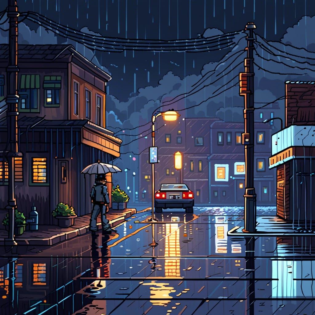 8-Bit Pixel Art of Rainy City Ghetto