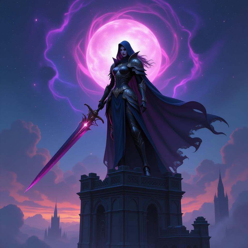 Female Vampire Knight in Nebula Sky