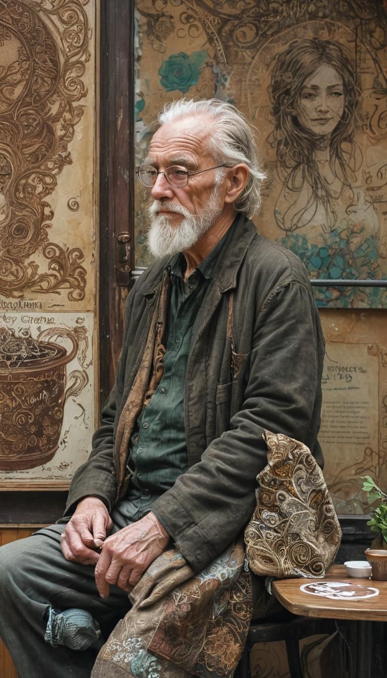 Intricate Impressionistic Painting of Man in Cafe