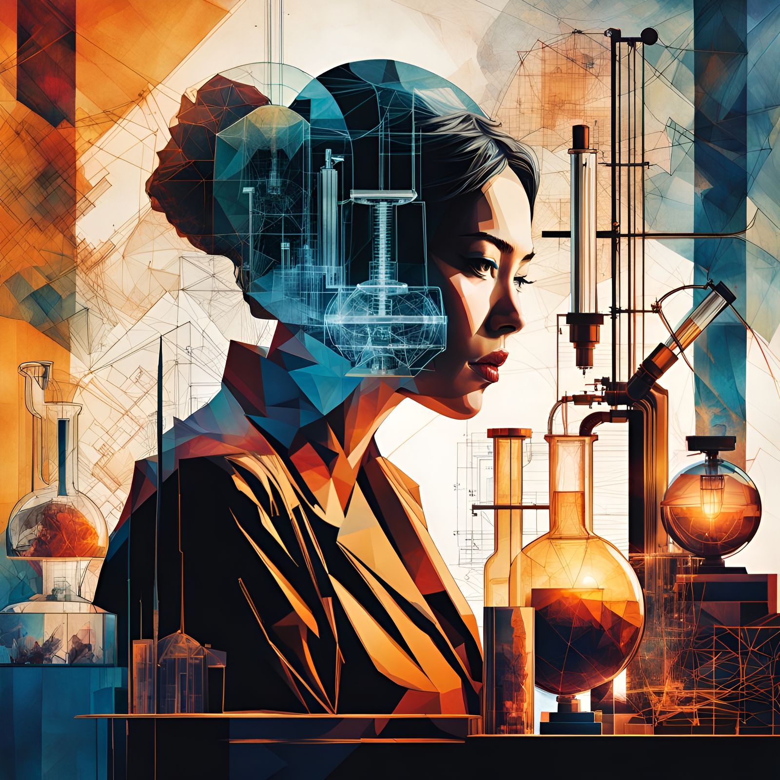 Laboratory Scientist Double Exposure in Cubist Style